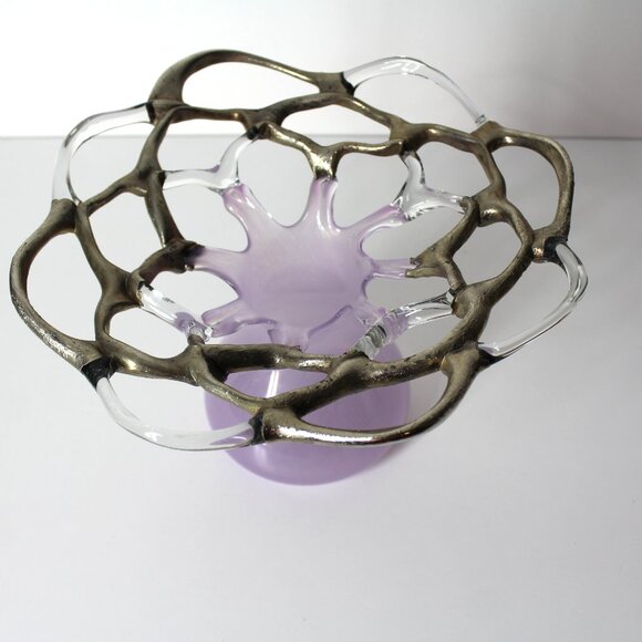 M Duca Hand Blown Mid-Century Glass Lattice Web Vase Gold Lavender Signed - Picture 7 of 16